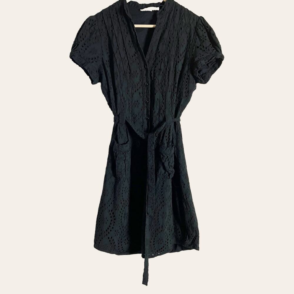 Anne Fontaine Melodie Black Eyelet Broderie Tie Waist Poplin Dress Size 6